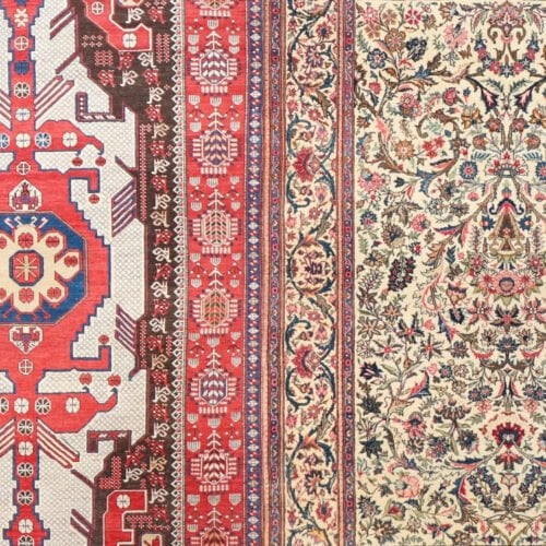 An antique and a vintage rug side to side.